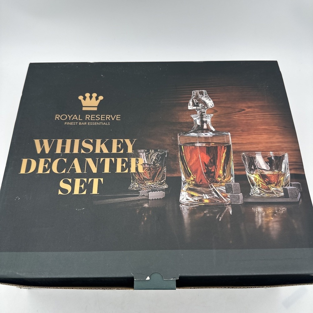 Royal Reserve Square Whiskey Decanter Set, Wood & Glass,‎ Brown/Black New
